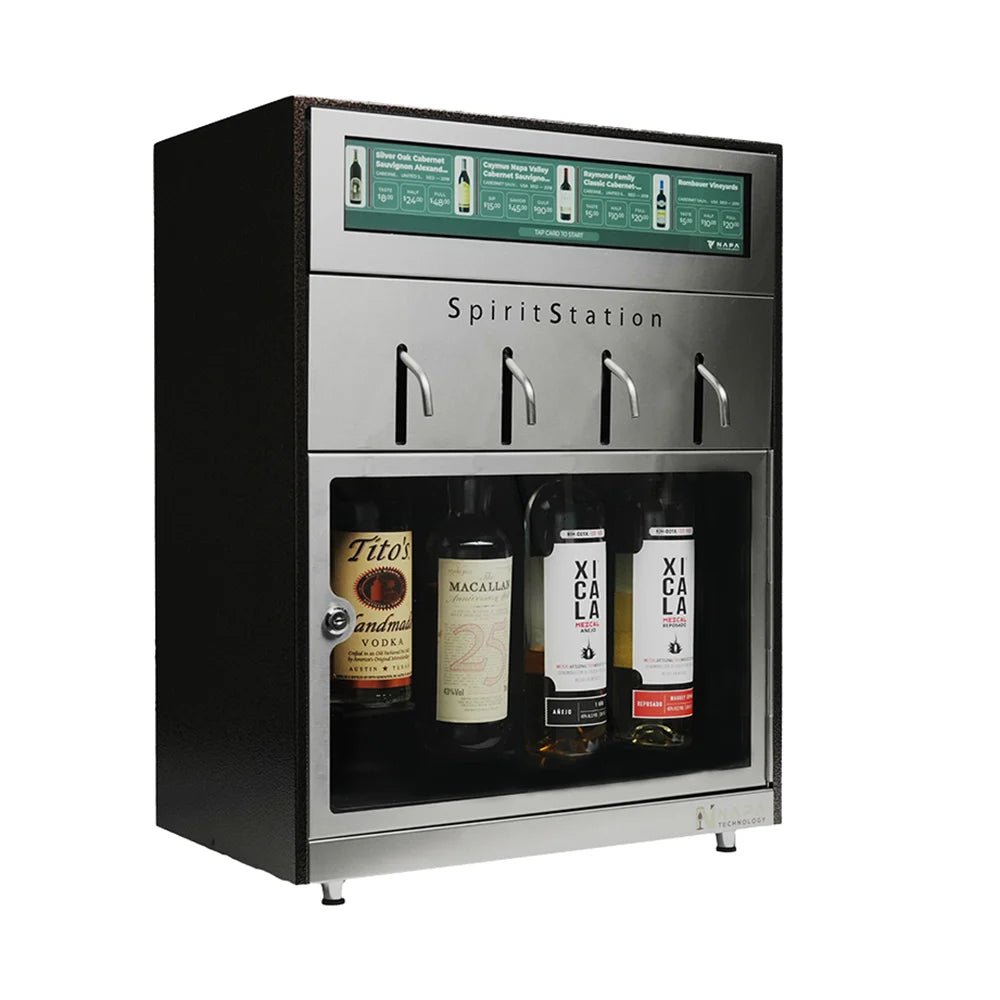 Alcohol dispenser with bottles inside on a white background