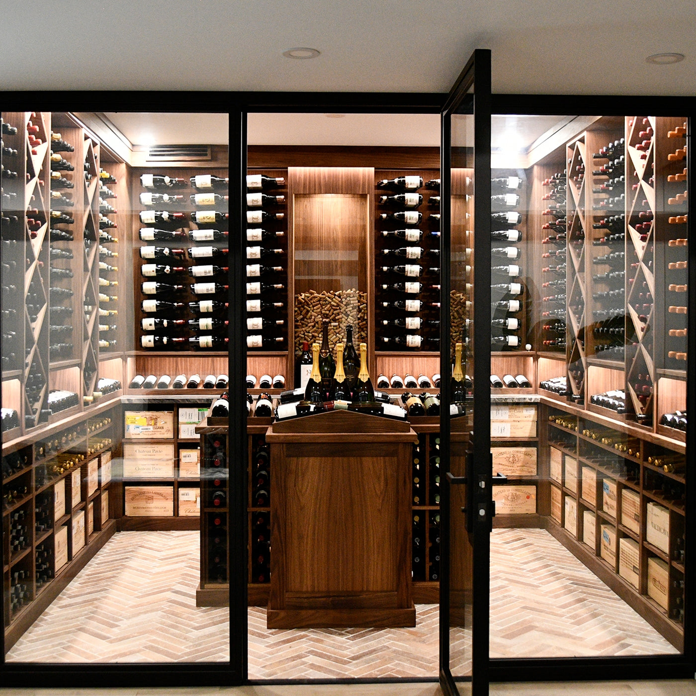Wine racks with multiple shelves holding wine bottles