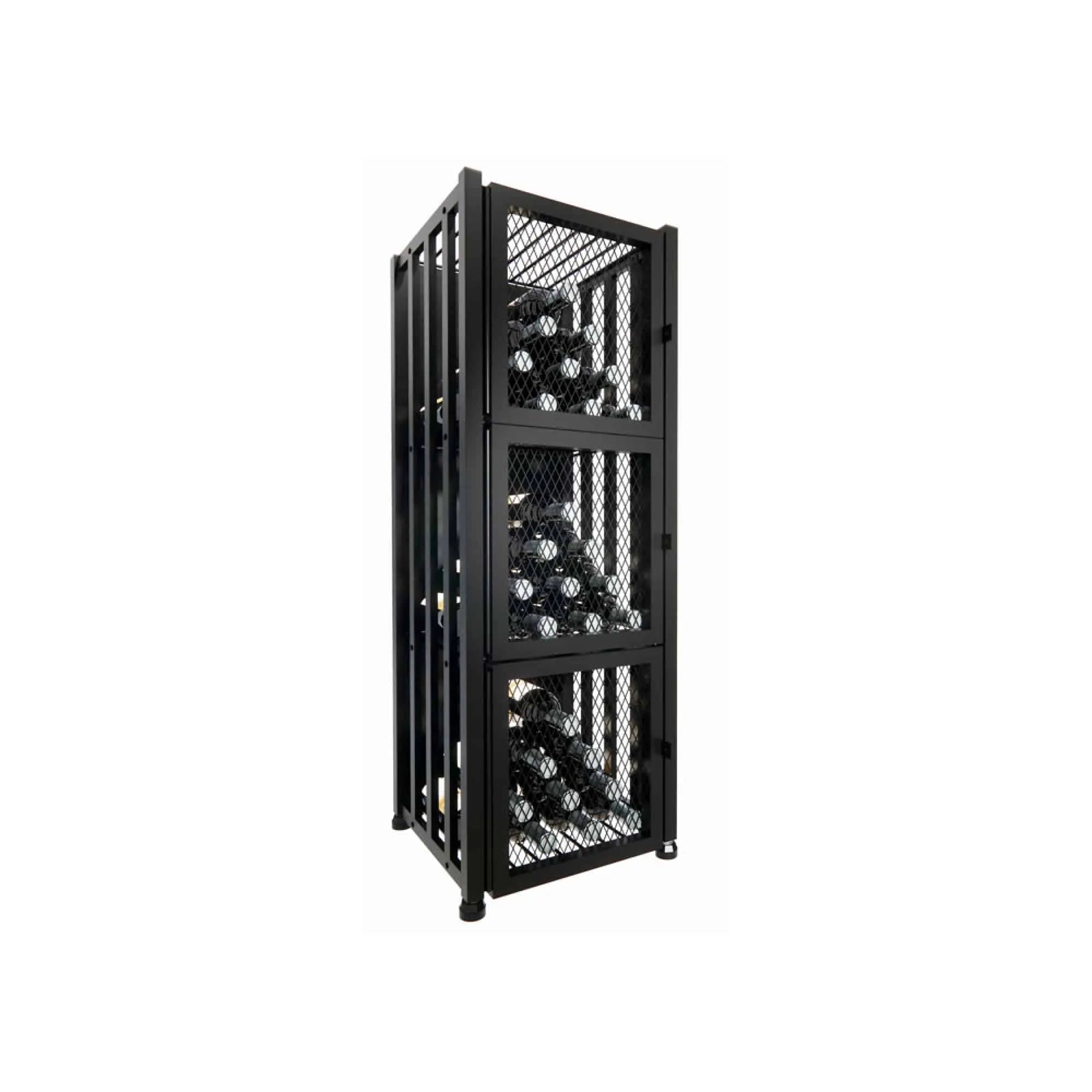 Black metal wine rack with bottles on a white background