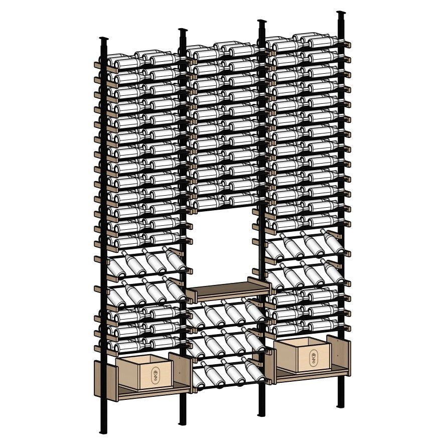 Wine rack with multiple shelves holding wine bottles on a white background