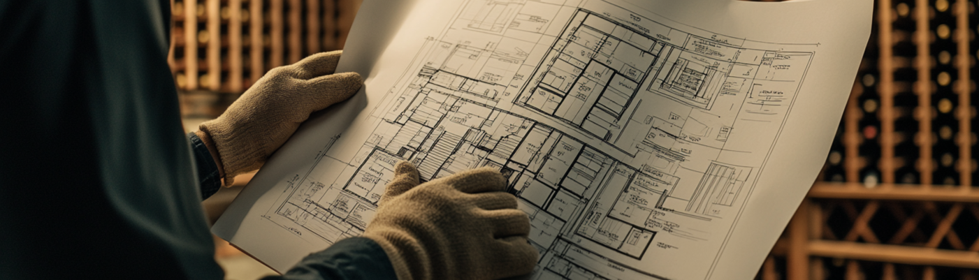 Person holding and examining architectural blueprints in a dimly lit room.