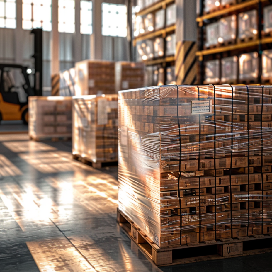 Stacks of pallets with boxes in a warehouse setting