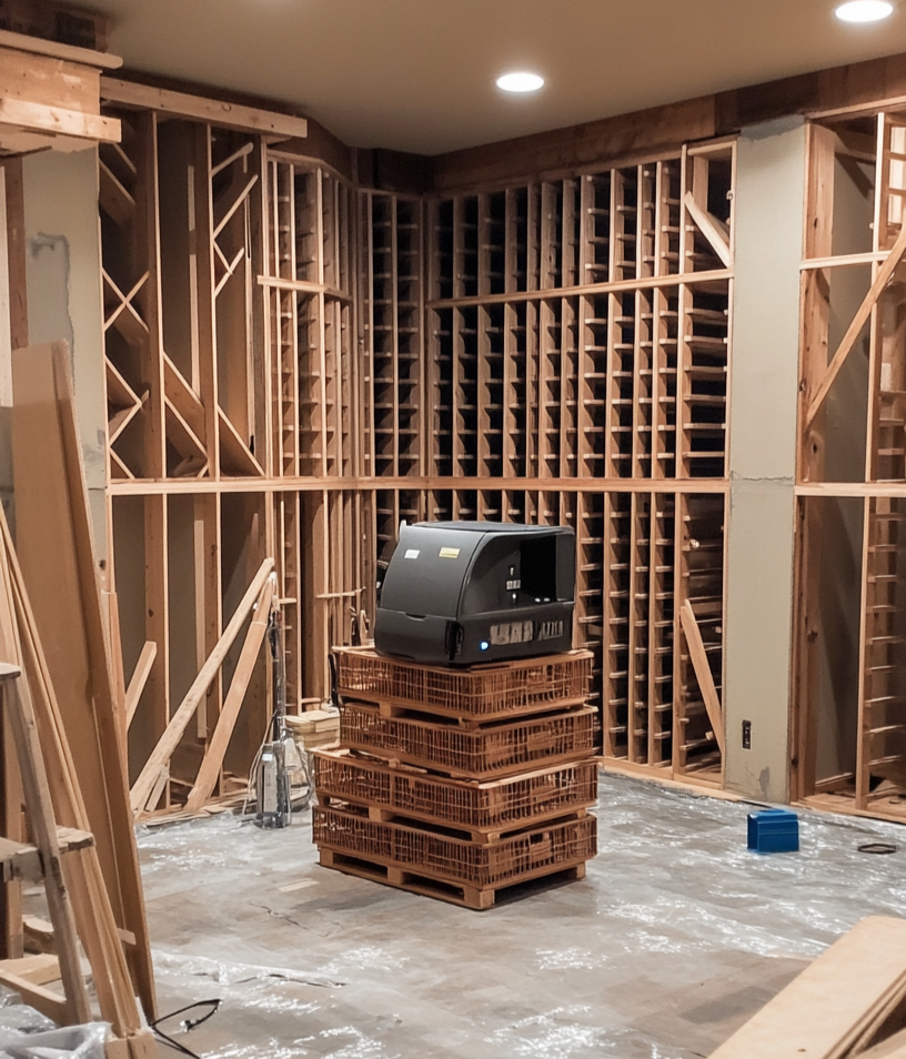 Room under construction with wooden framing and a television on crates.