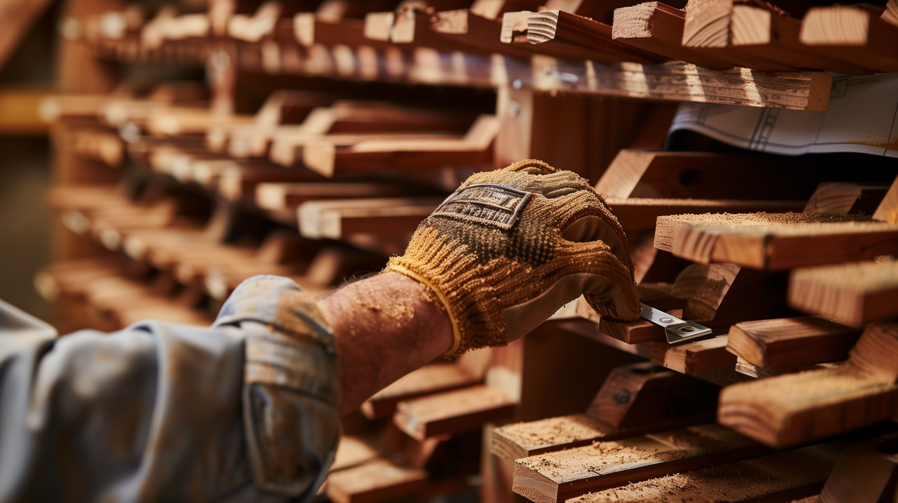 Close-up of gloved hands working with wooden blocks.