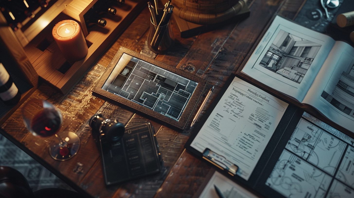 Wooden desk with maps, notebook, and candles in a cozy setting.