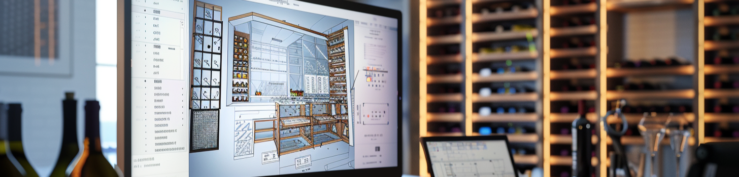 Computer screen displaying a wine cellar layout with wine bottles in the background.