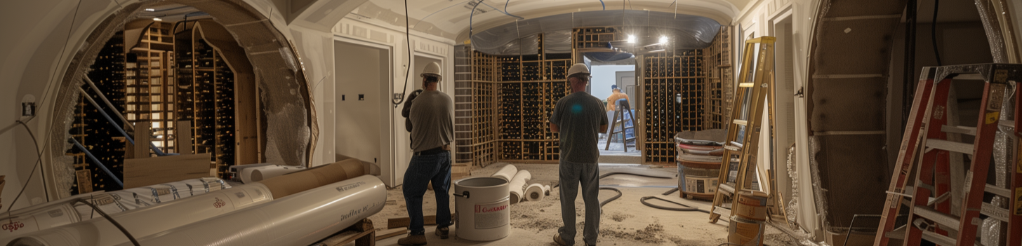 Two people working in a Custom wine cellar under construction.