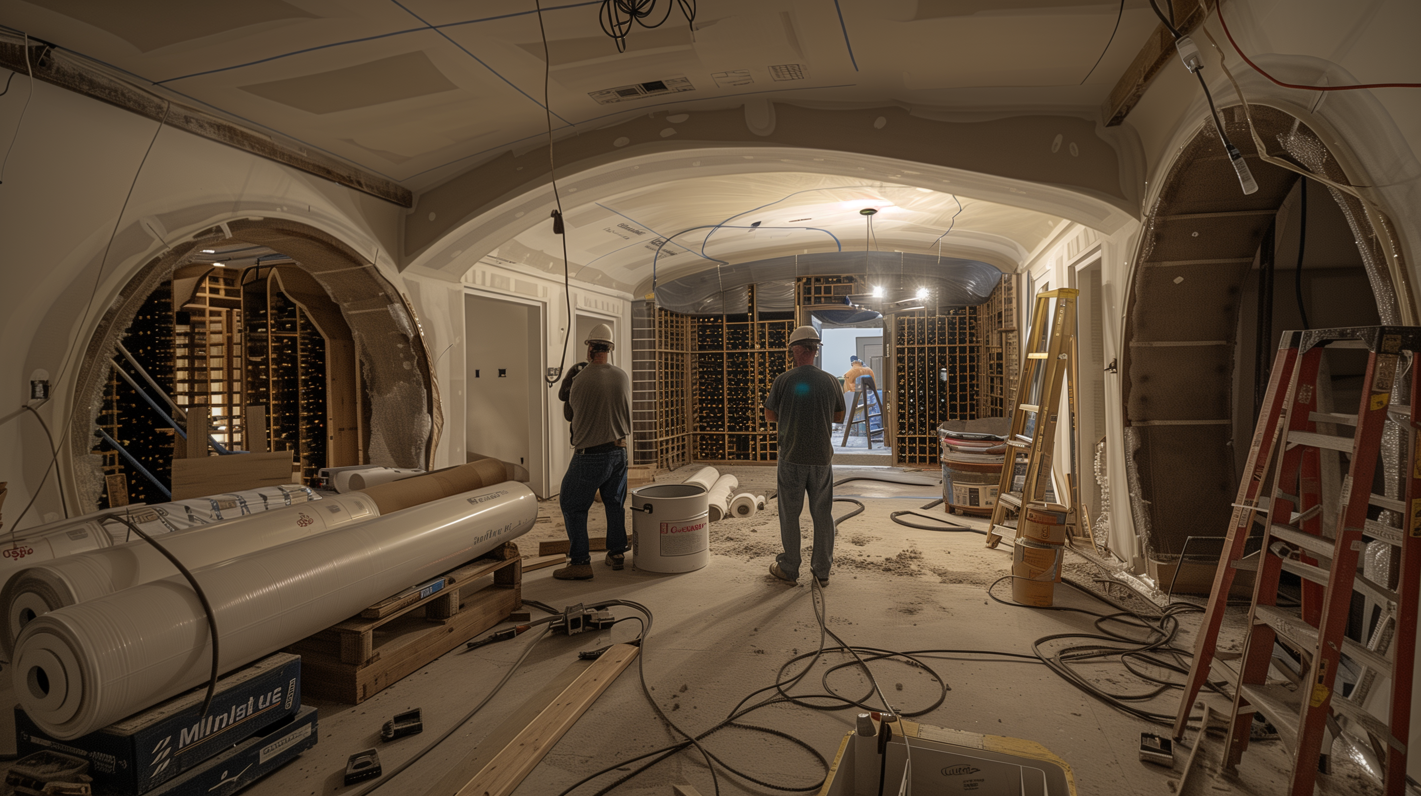 Two workers in a large room under construction with tools and materials scattered around.