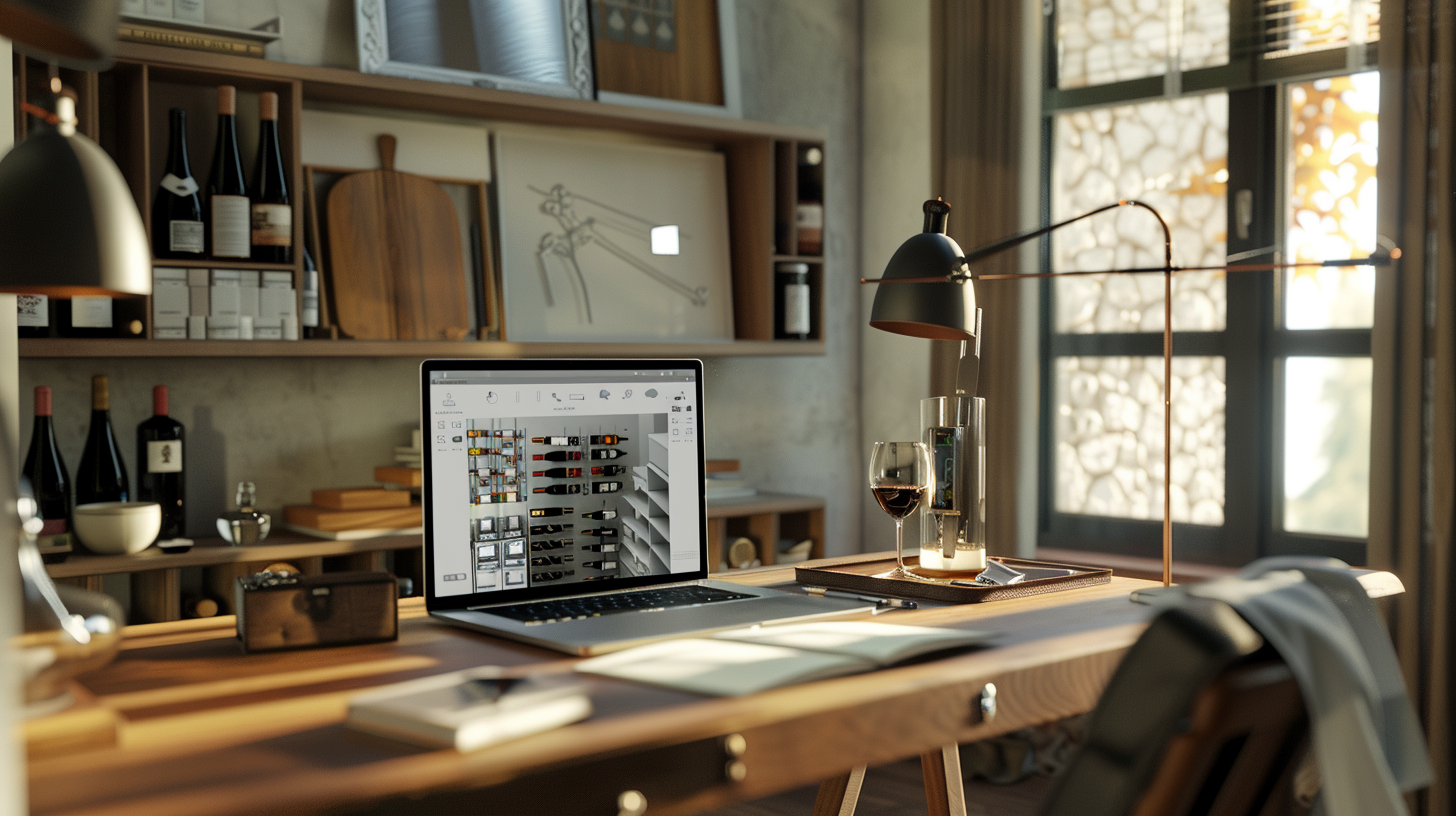 Laptop on a wooden desk with wine bottles and glasses in a home office setting