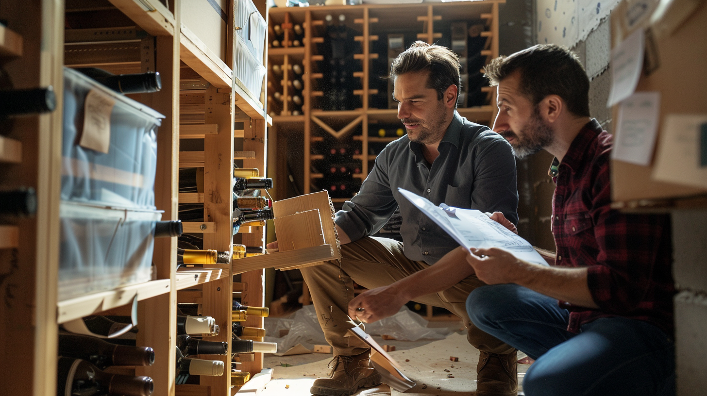Two men in a wine cellar examining wine bottles.