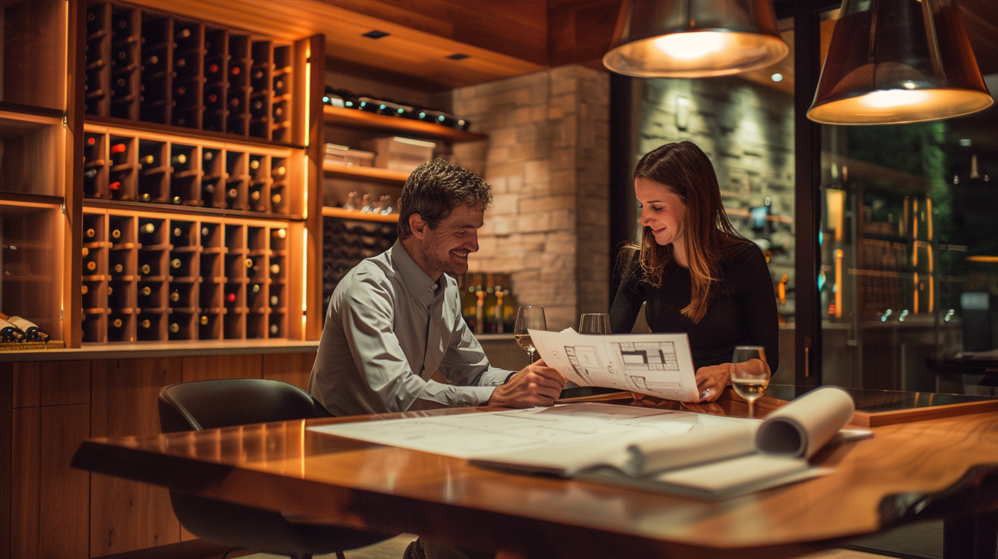 Two people at a bar reviewing documents.