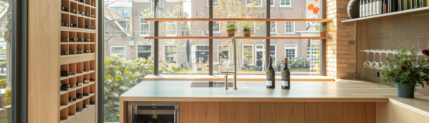 Modern kitchen with wooden cabinets, a wine rack, and a view of buildings outside.