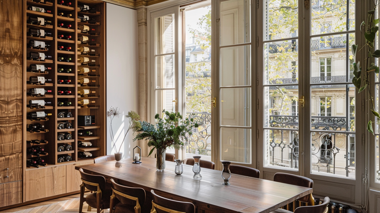 Dining room with wooden wine rack, table, chairs, and large windows.