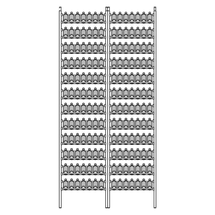 Diagram of Display wine rack shelving unit with multiple shelves holding bottles.