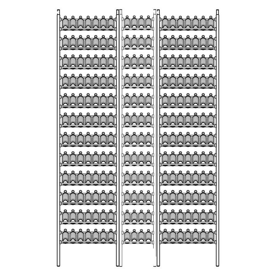 Display wine rack shelving unit with multiple shelves holding bottles.