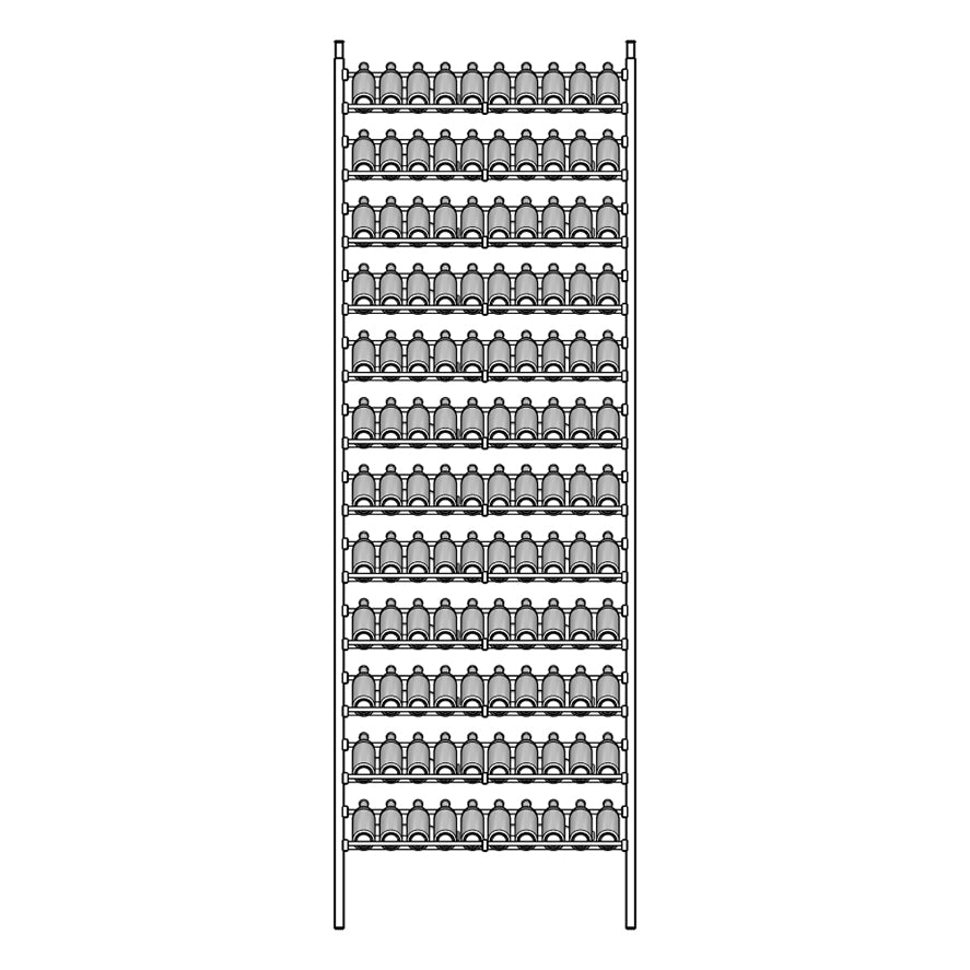 Illustration of a tall Display rack with multiple shelves holding bottles.