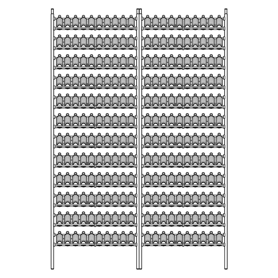 Metal shelving unit of Display wine rack with multiple shelves holding wine bottles.