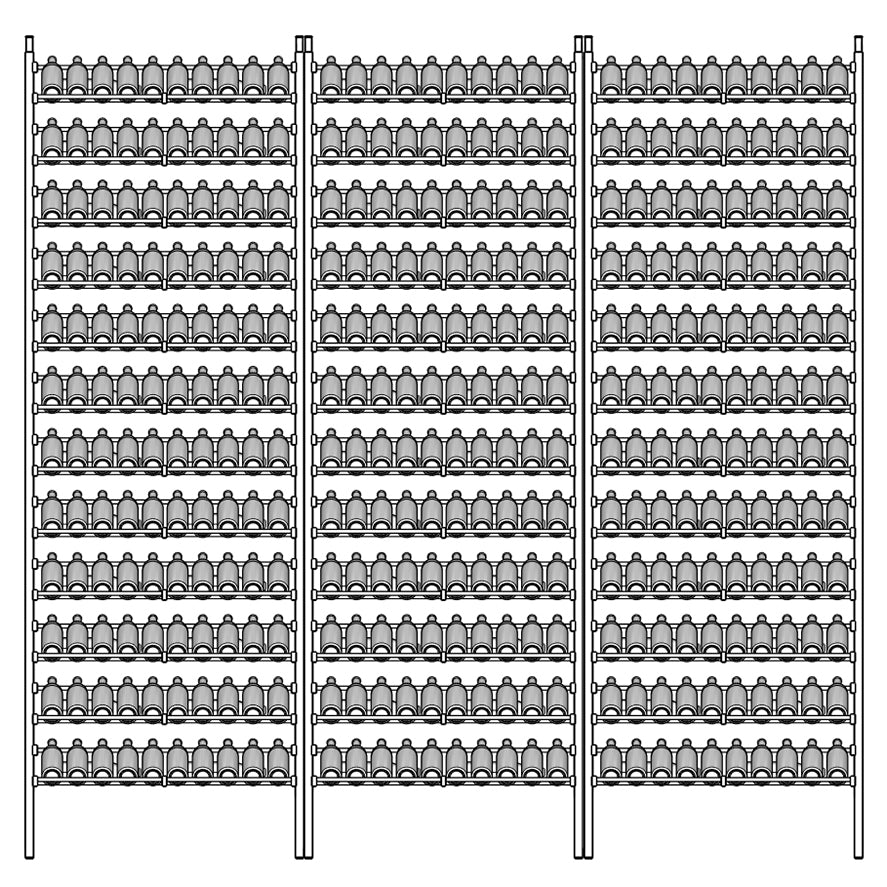 Diagram of Display wine rack shelving unit with multiple shelves holding bottles.