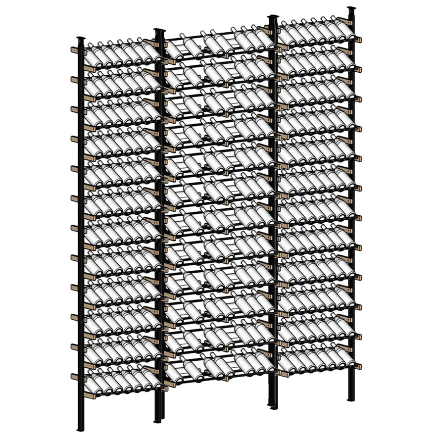 Wine rack with multiple shelves on a white background