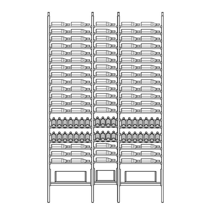 Diagram of ensemble wine rack with multiple shelves holding bottles.