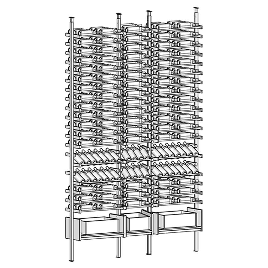 Ensemble wine rack with multiple bottles and boxes