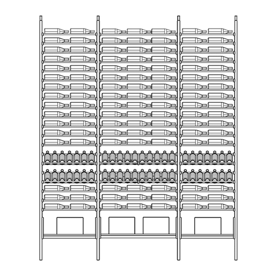 Diagram of a metal Ensemble wine rack shelving unit with bottles and boxes