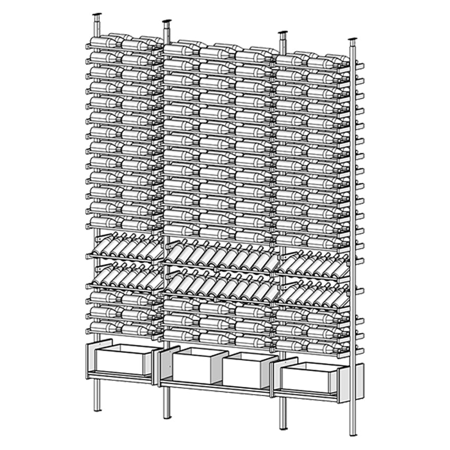 Ensemble Wine rack with multiple shelves holding wine bottles and boxes