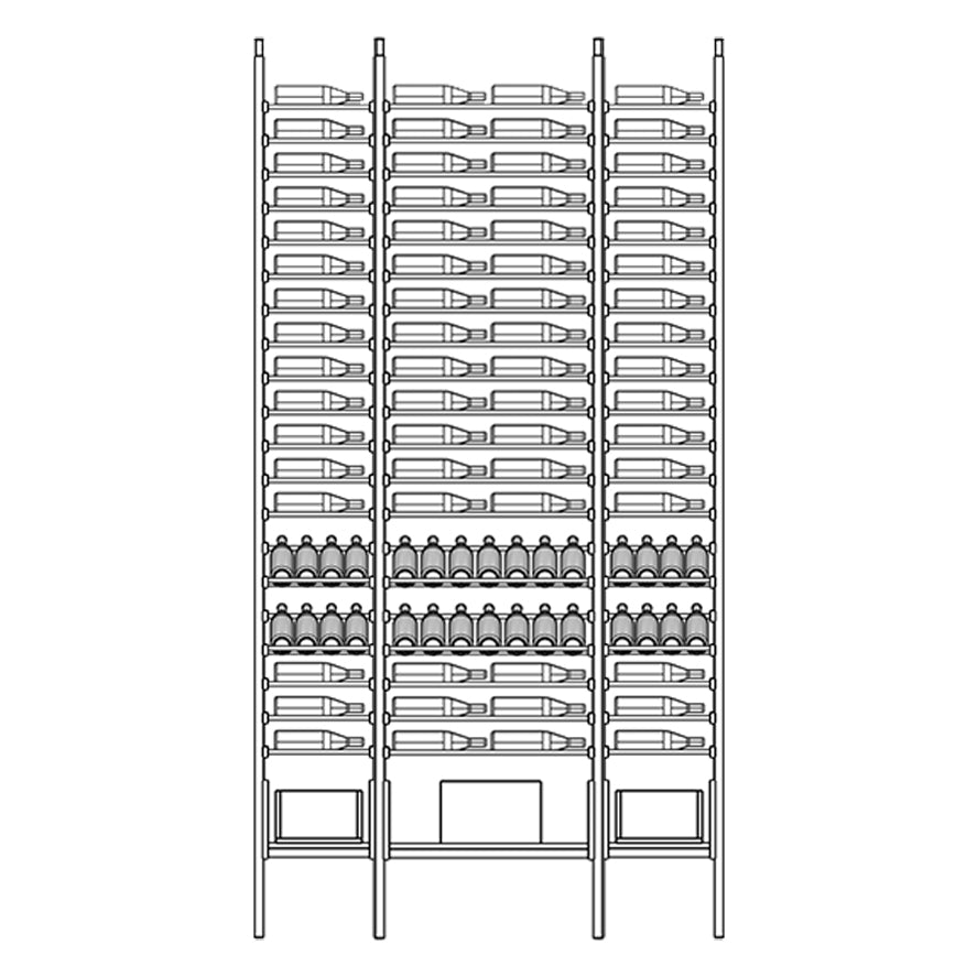 Line diagram of a wine rack with multiple bottles on shelves.