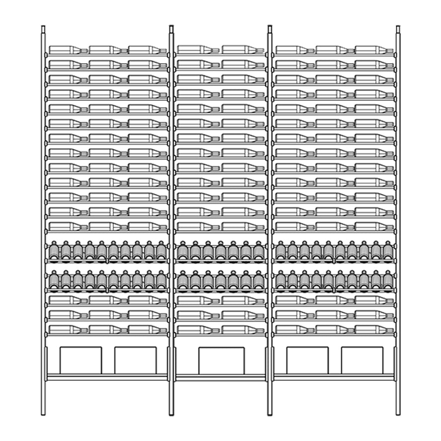 Diagram of a metal ensemble wine rack shelving unit with shelves holding wine bottles.