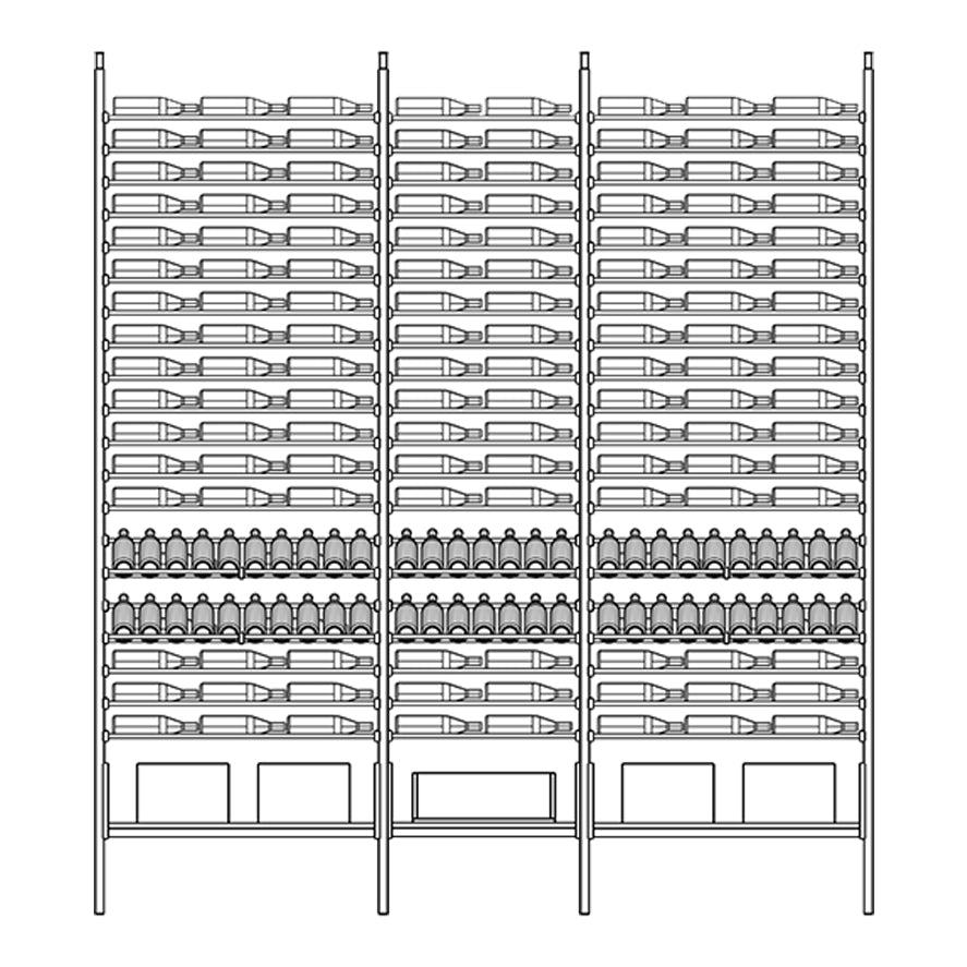 Line diagram of Ensemble metal wine rack shelving unit with multiple shelves.