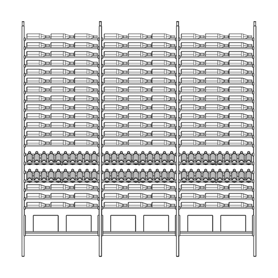 Line diagram of Ensemble Wine Rack shelving unit with multiple shelves holding wine bottles