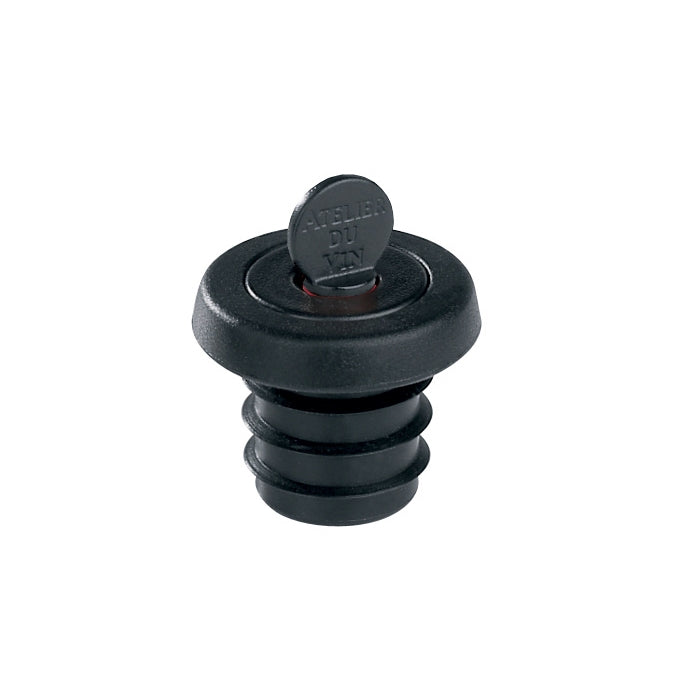 Black rubber bung with a metal cap on a white background