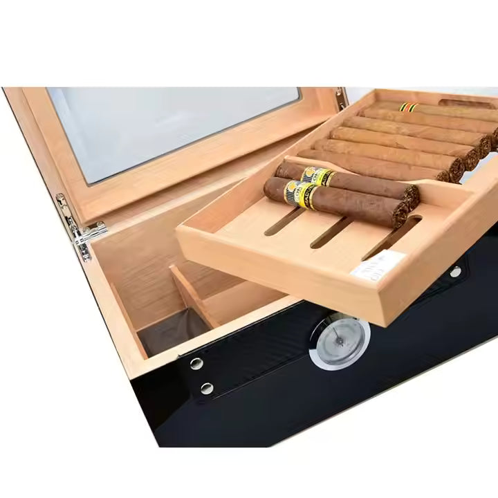 Wooden humidor with cigars on a white background