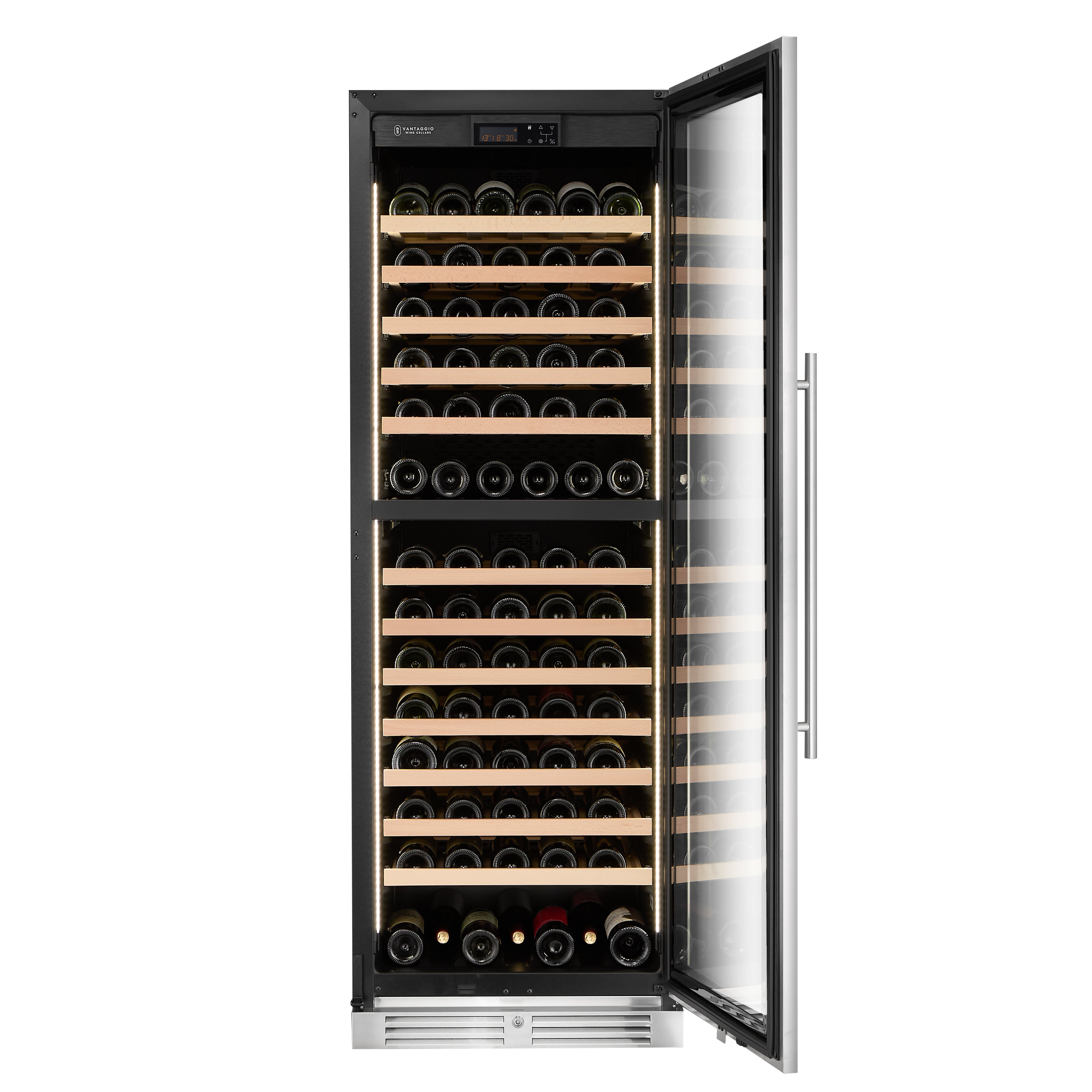v164-ss-dt wine fridge with door open and wine