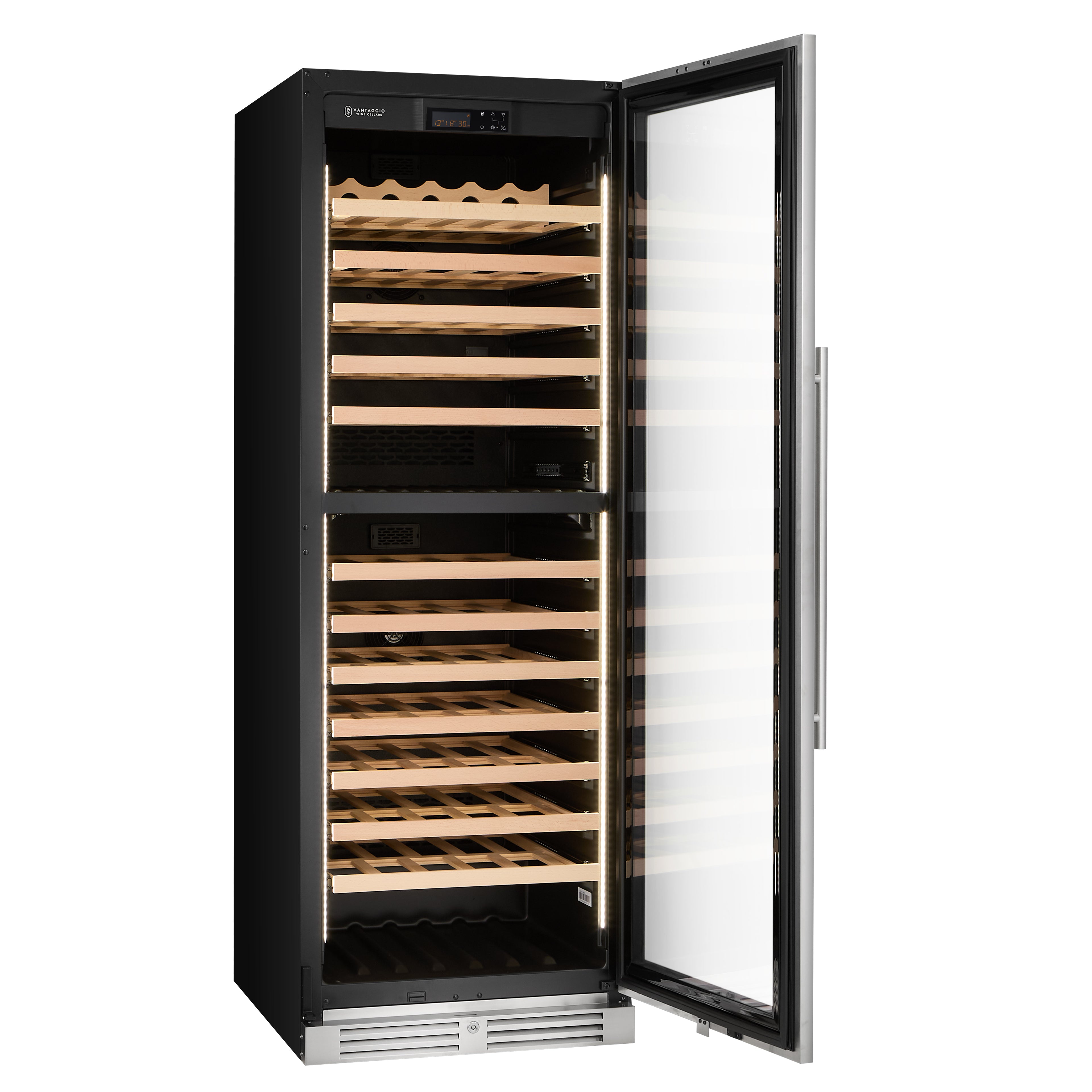 v164-ss-dt wine fridge with door open and no wine from angle