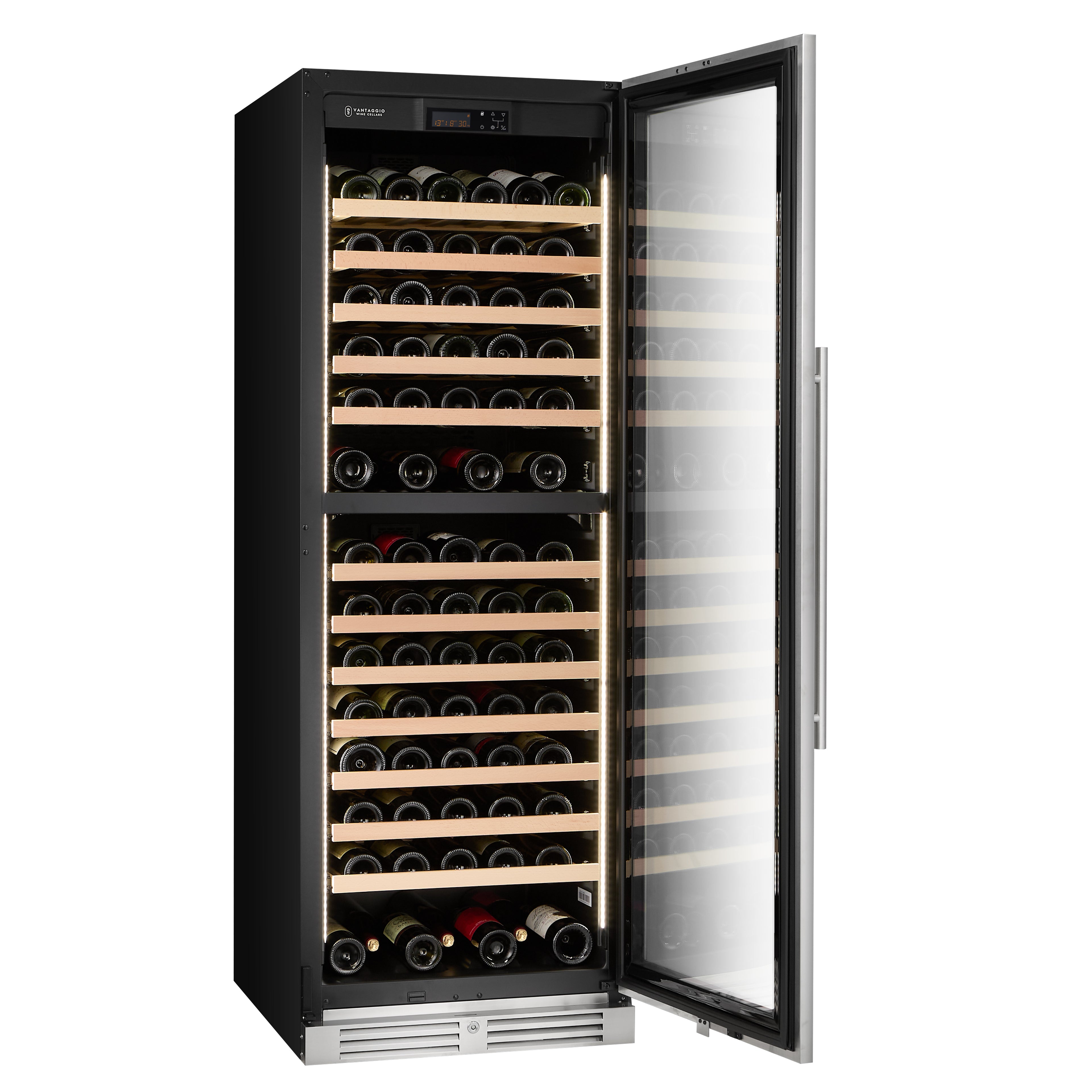 v164-ss-dt wine fridge with door open and wine from angle
