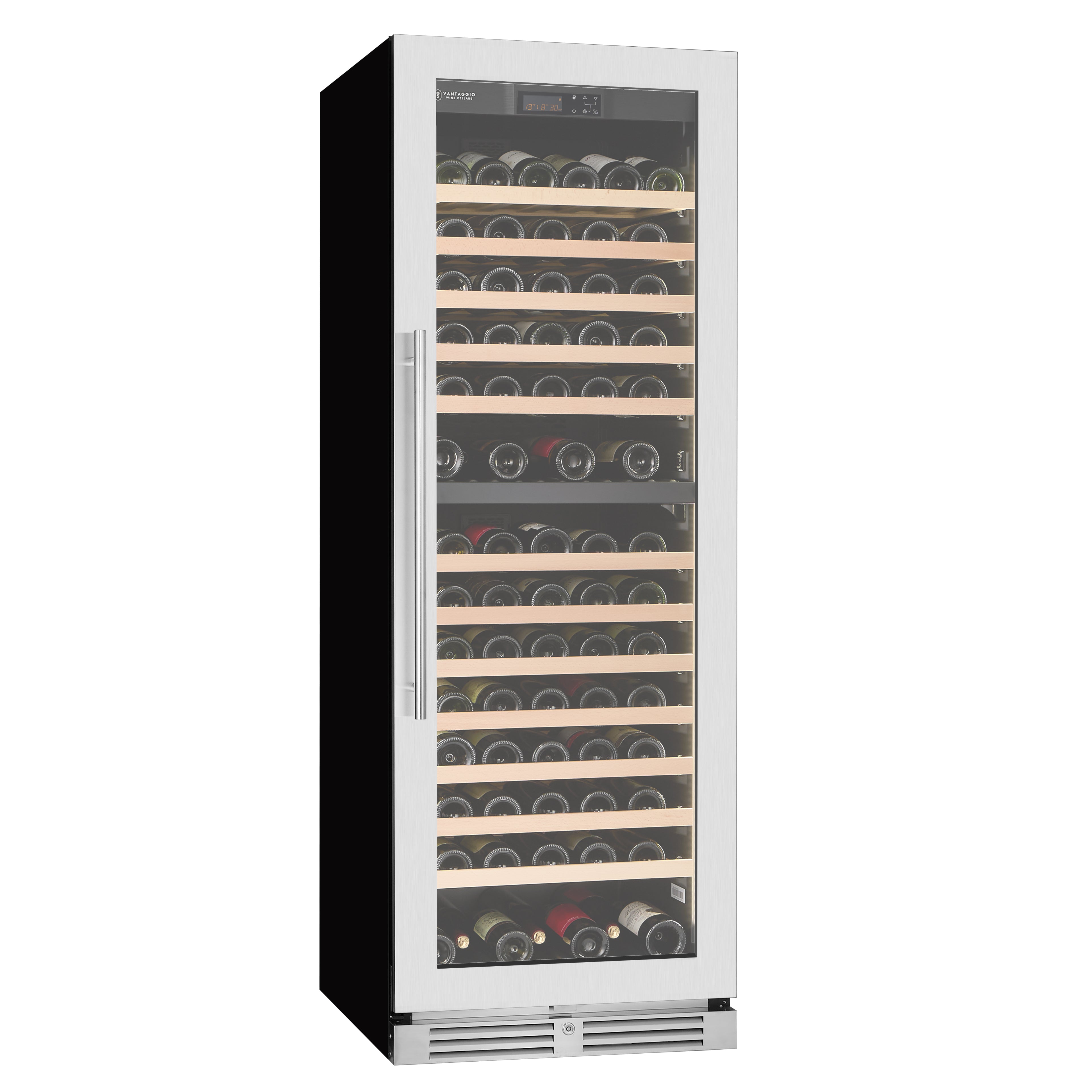 v164-ss-dt wine fridge with door closed and wine from an angle