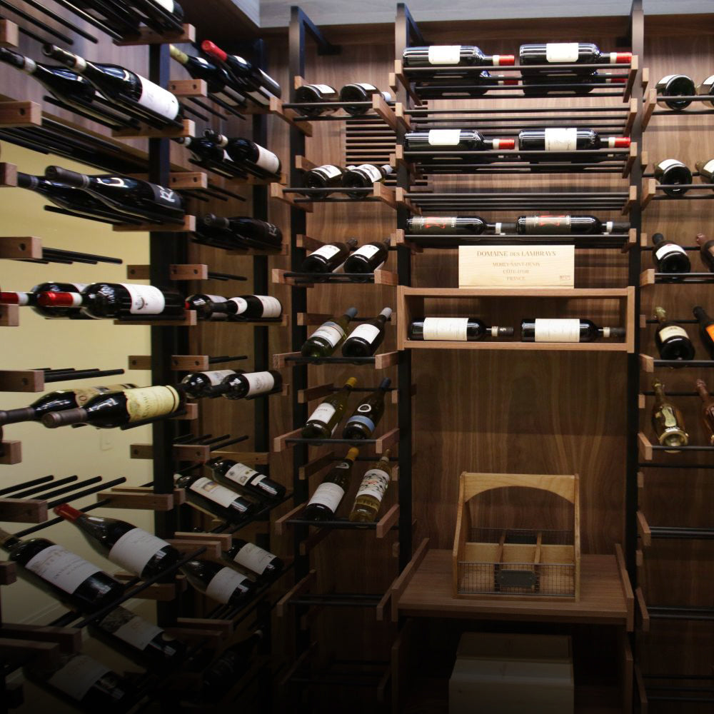 Wooden wine rack with various bottles of wine