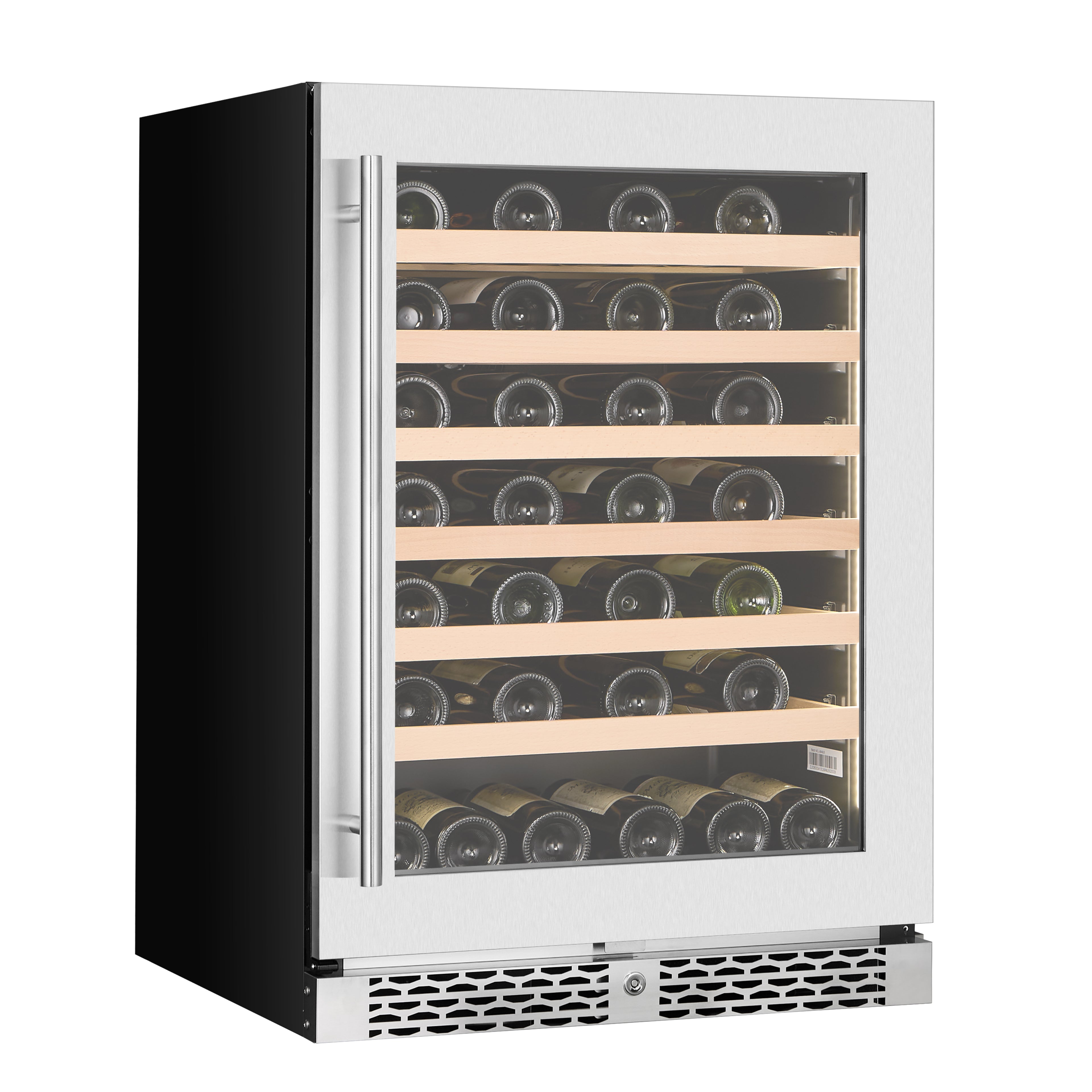 v54-ss-st wine fridge with door closed and wine from angle