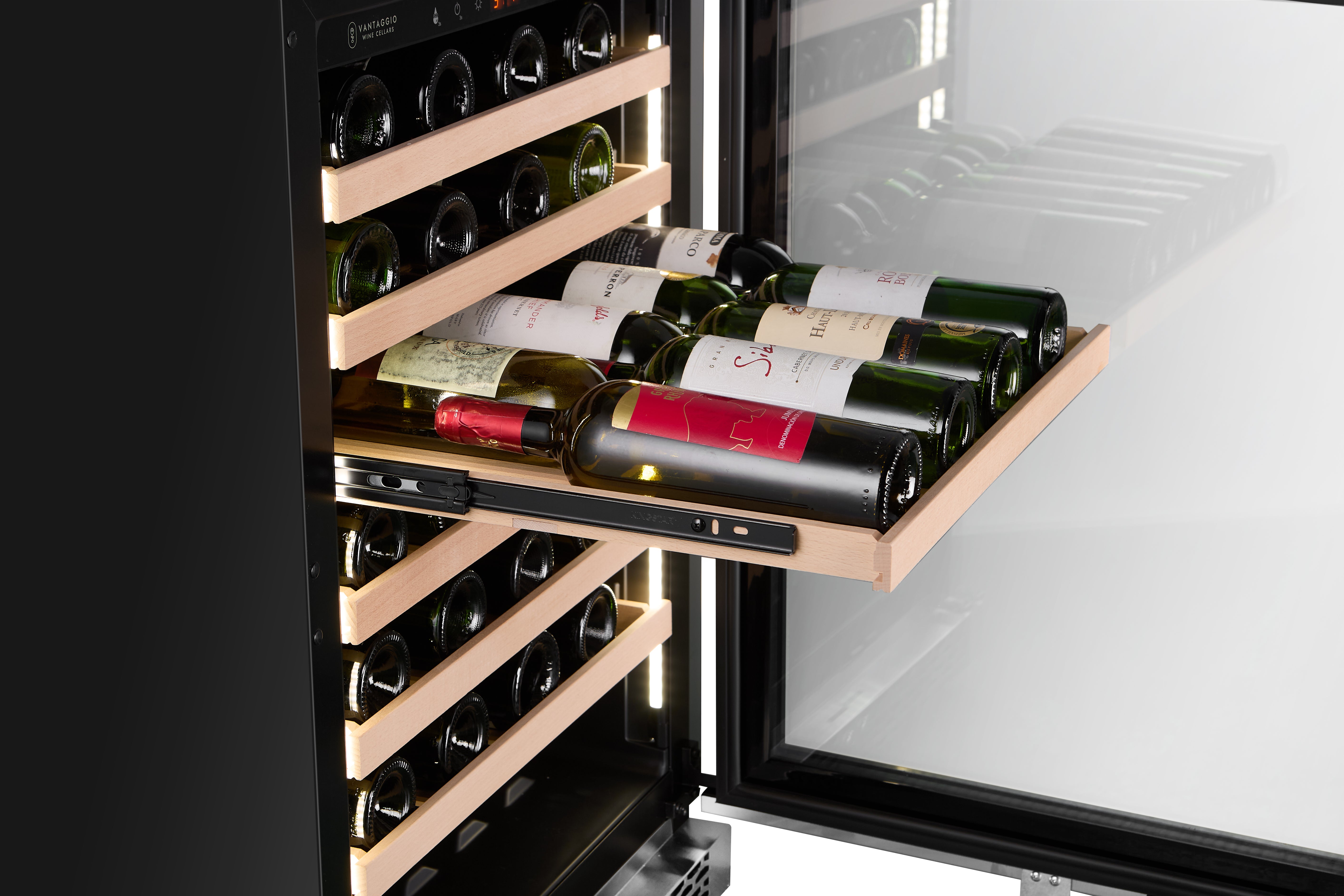 v54-ss-st wine fridge with door open, wine and tray pulled out