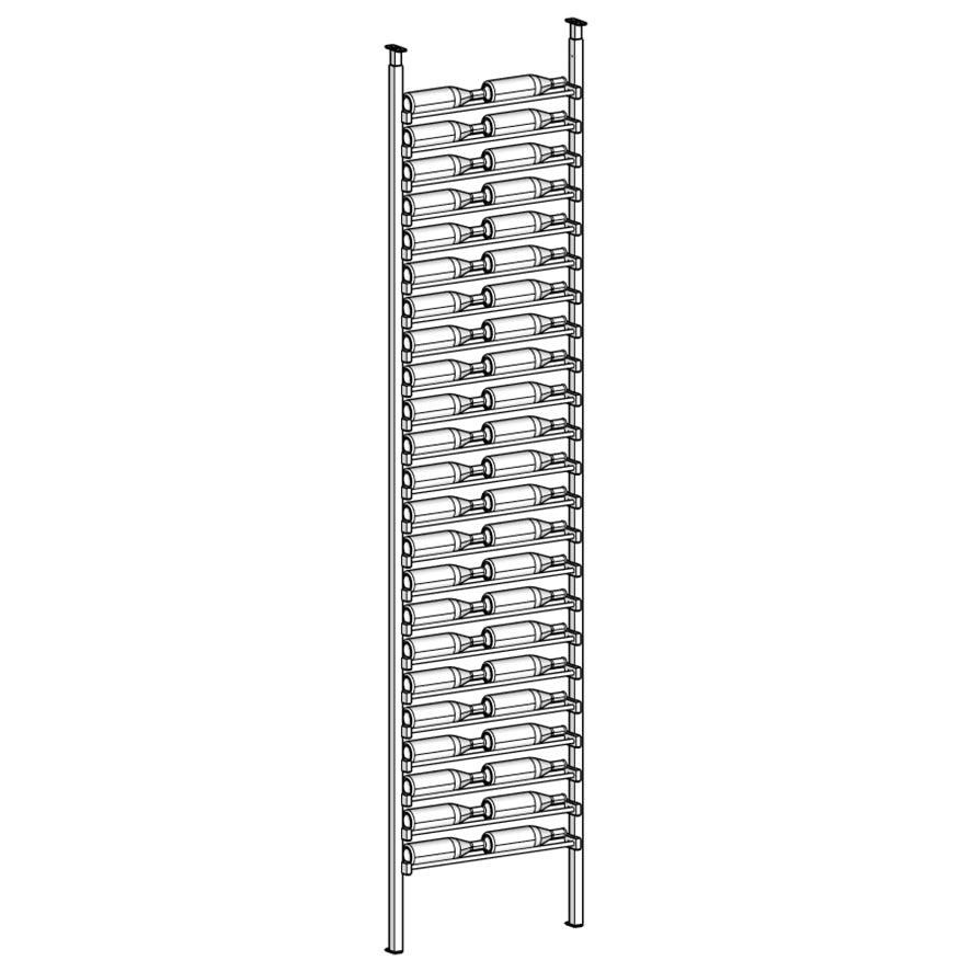 Metal wine rack with multiple bottles on a white background