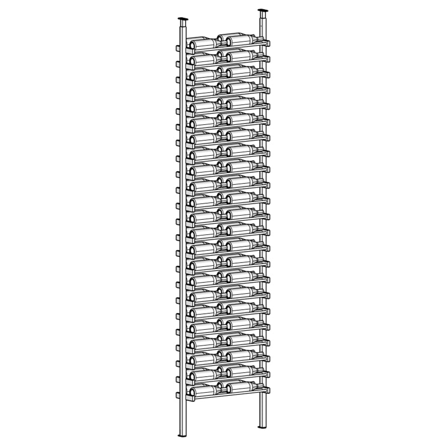 Metal wine rack with multiple bottles on a white background