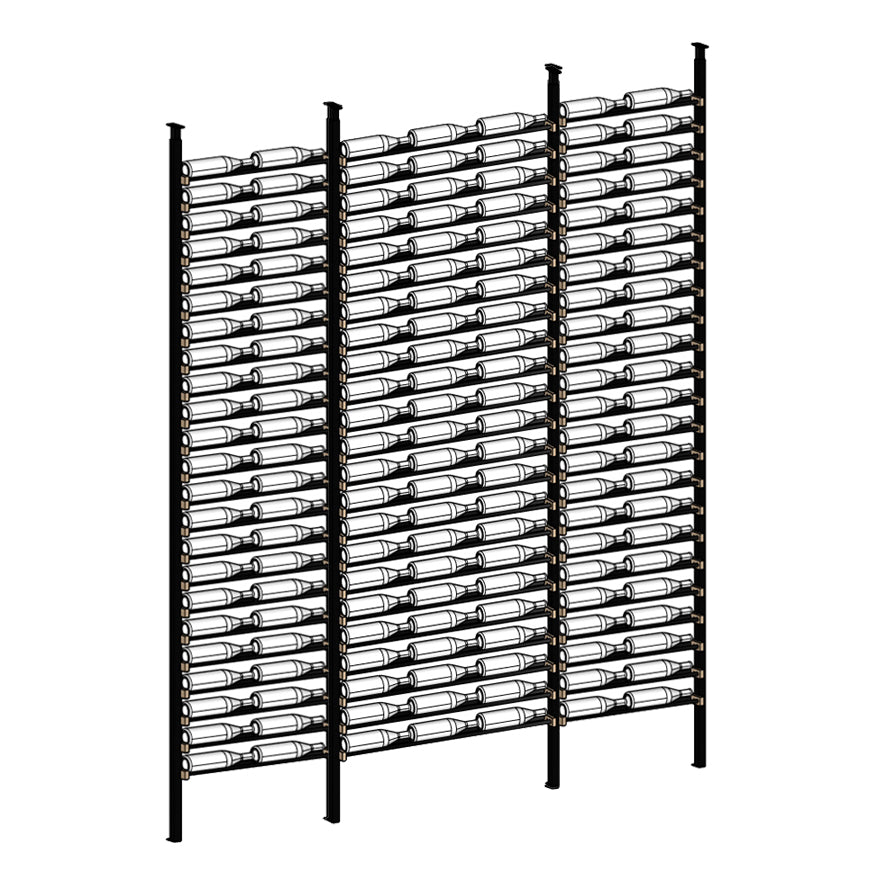 Wine rack with multiple shelves holding wine bottles on a white background