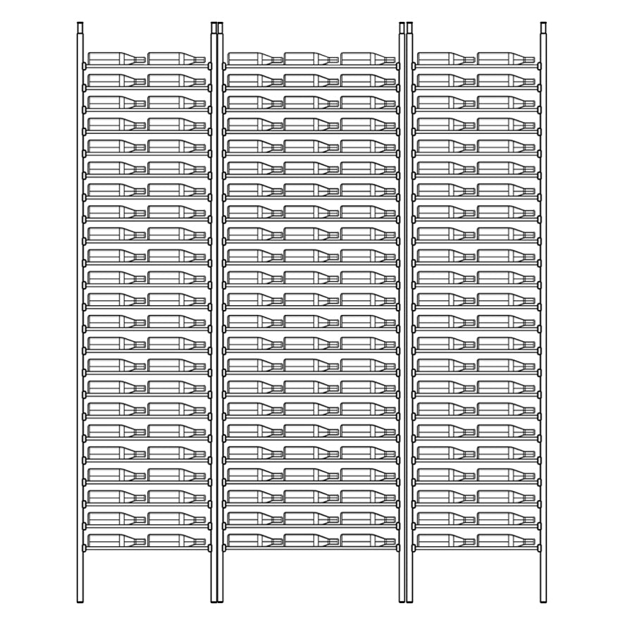 Diagram of a vertical storage rack with multiple shelves holding cylindrical objects.