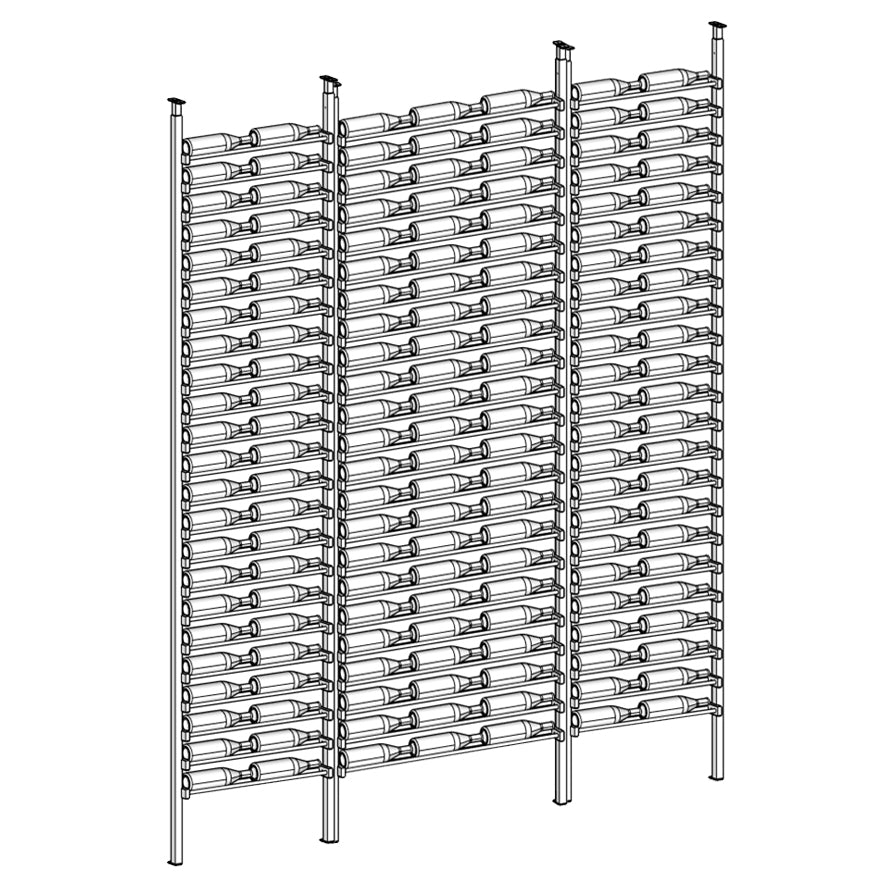 Wine rack with multiple shelves holding bottles on a white background