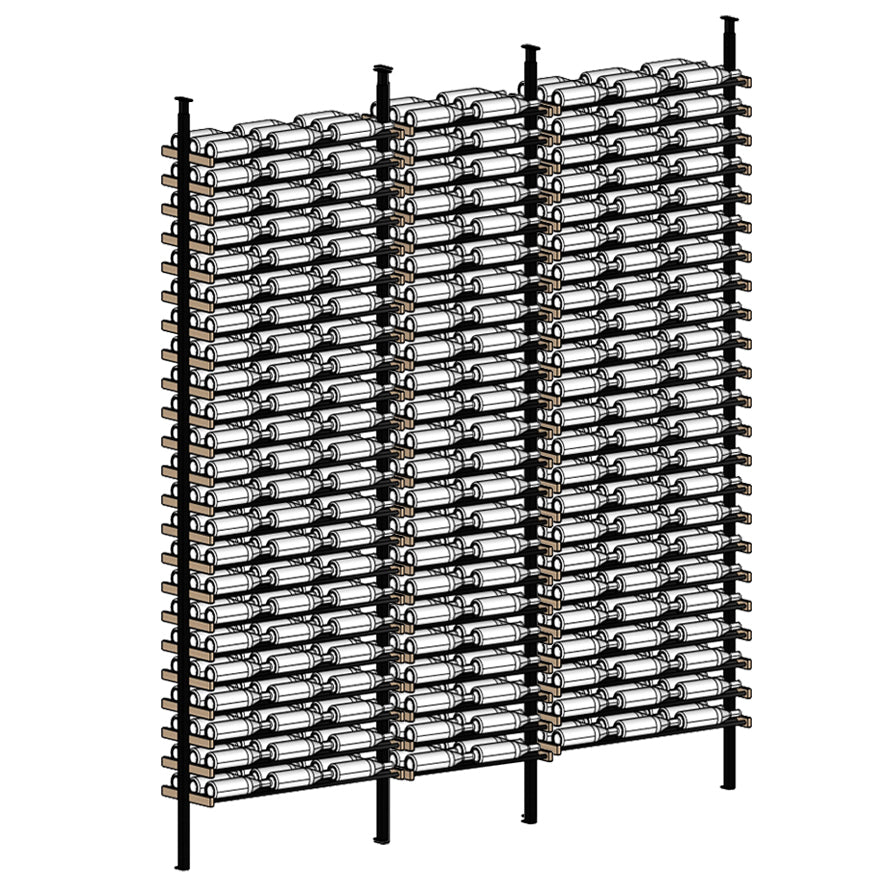 Wine rack with multiple bottles stacked vertically on a white background