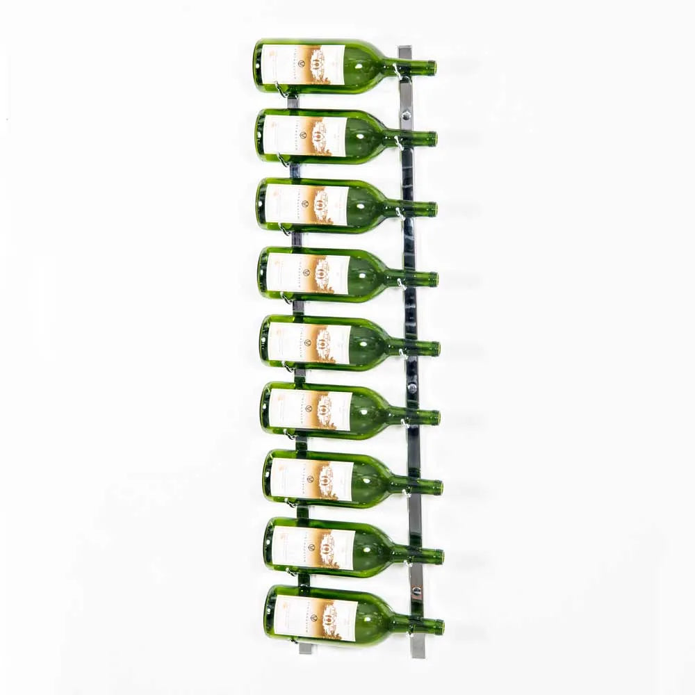 Wine rack holding six green wine bottles on a white background
