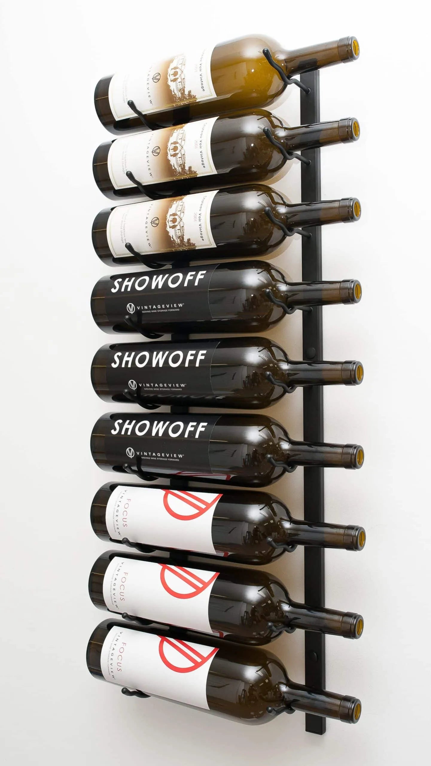 Wall-mounted wine rack with Showoff wine bottles on a white background