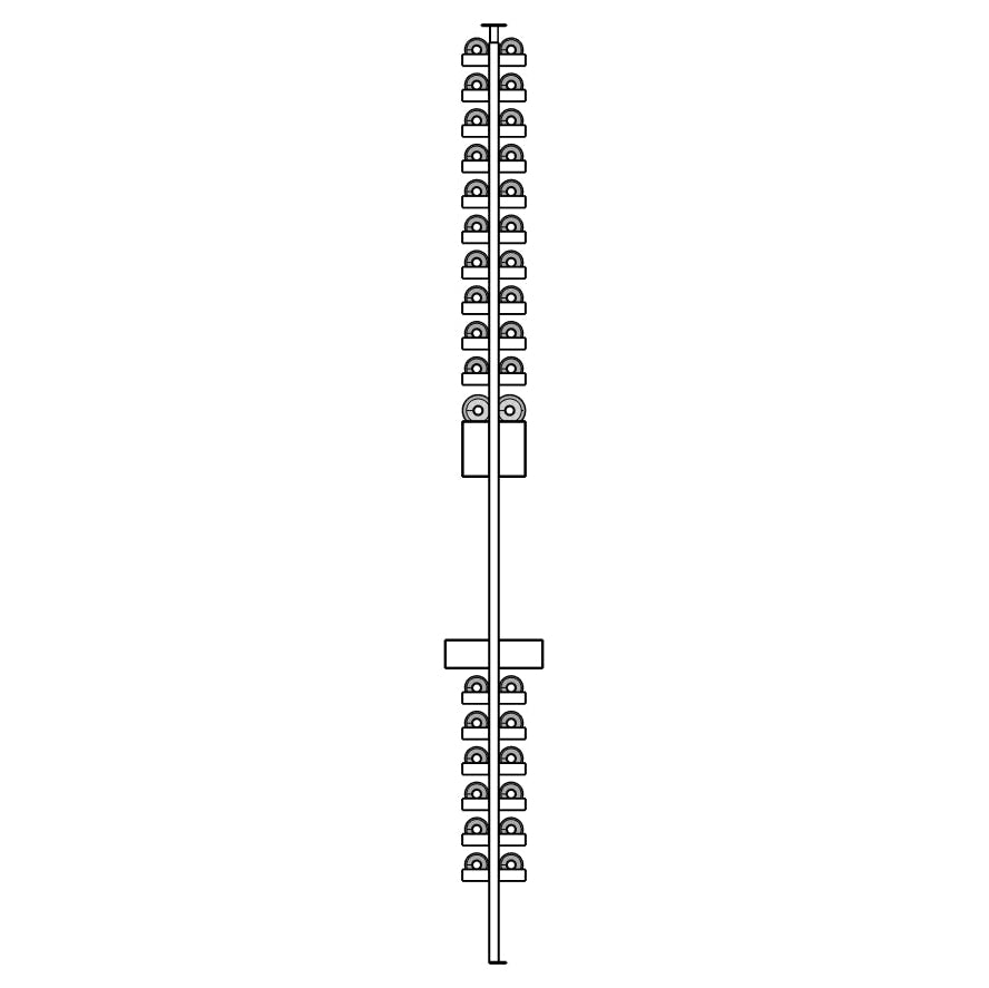 Technical drawing of a vertical modern wine rack system with multiple branches on a white background