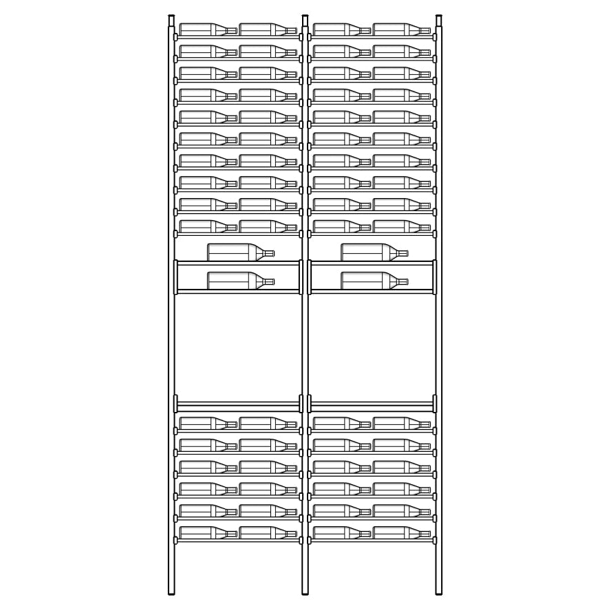 Line drawing of a wine rack with multiple bottles on a white background